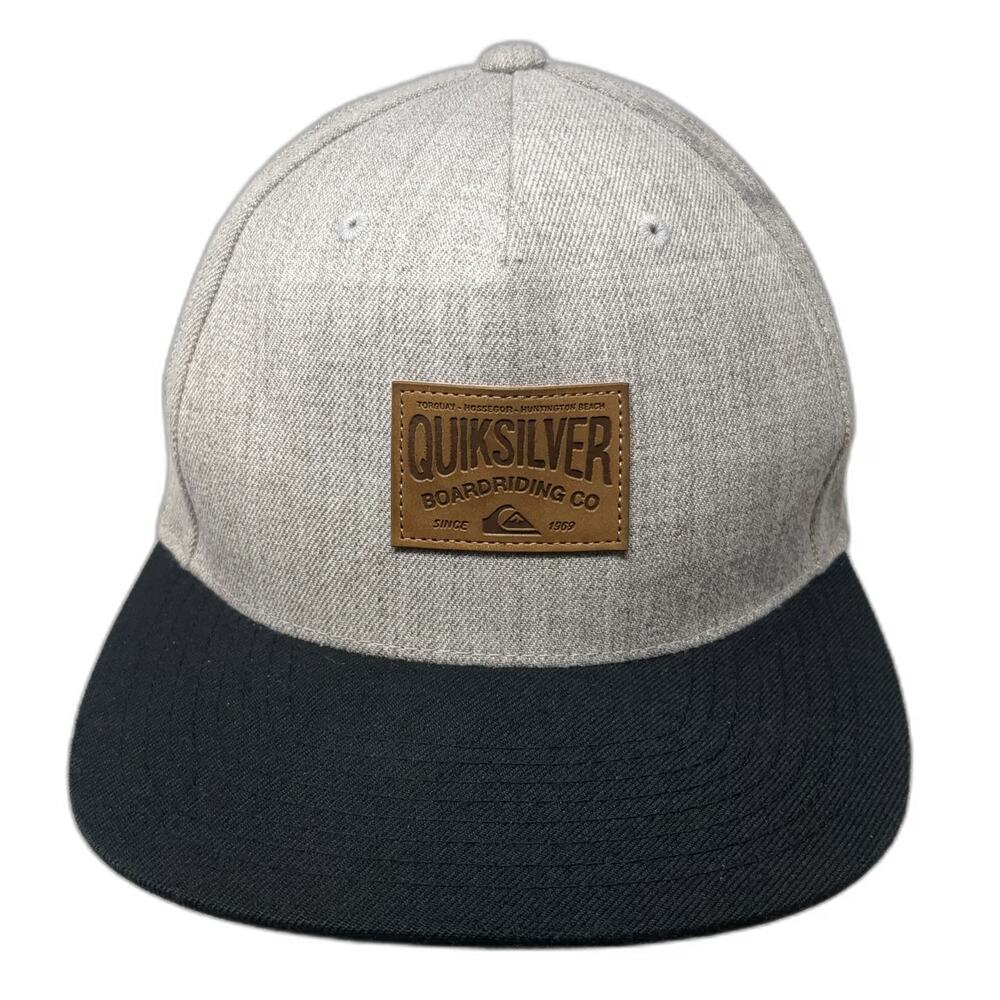 Quiksilver 5 Panel Gray Hat One Size Snapback Leather Patch Flat Brim Surf Logo